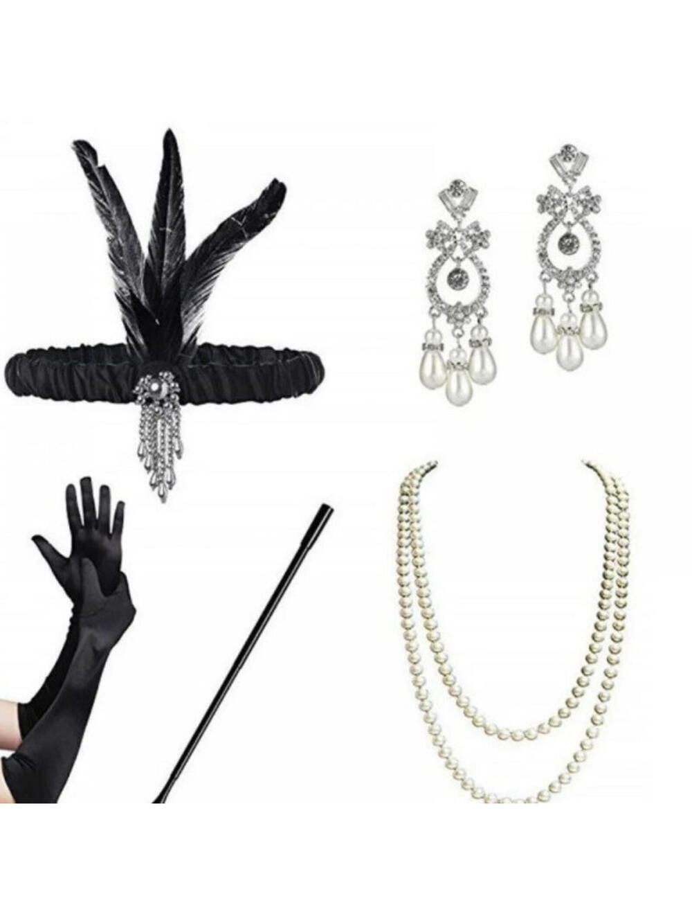 1920s Gatsby Accessories Lace Set Flapper Costume Headband Feather Bead Style3